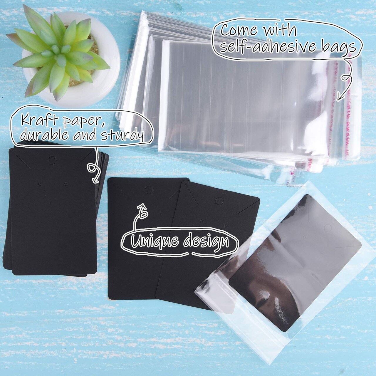 150 Set Earring Display Card with 150 Pieces Self-Seal Bags, Earring Holder Card for Selling DIY Ear Studs, Earrings and Jewelry Display (Black)